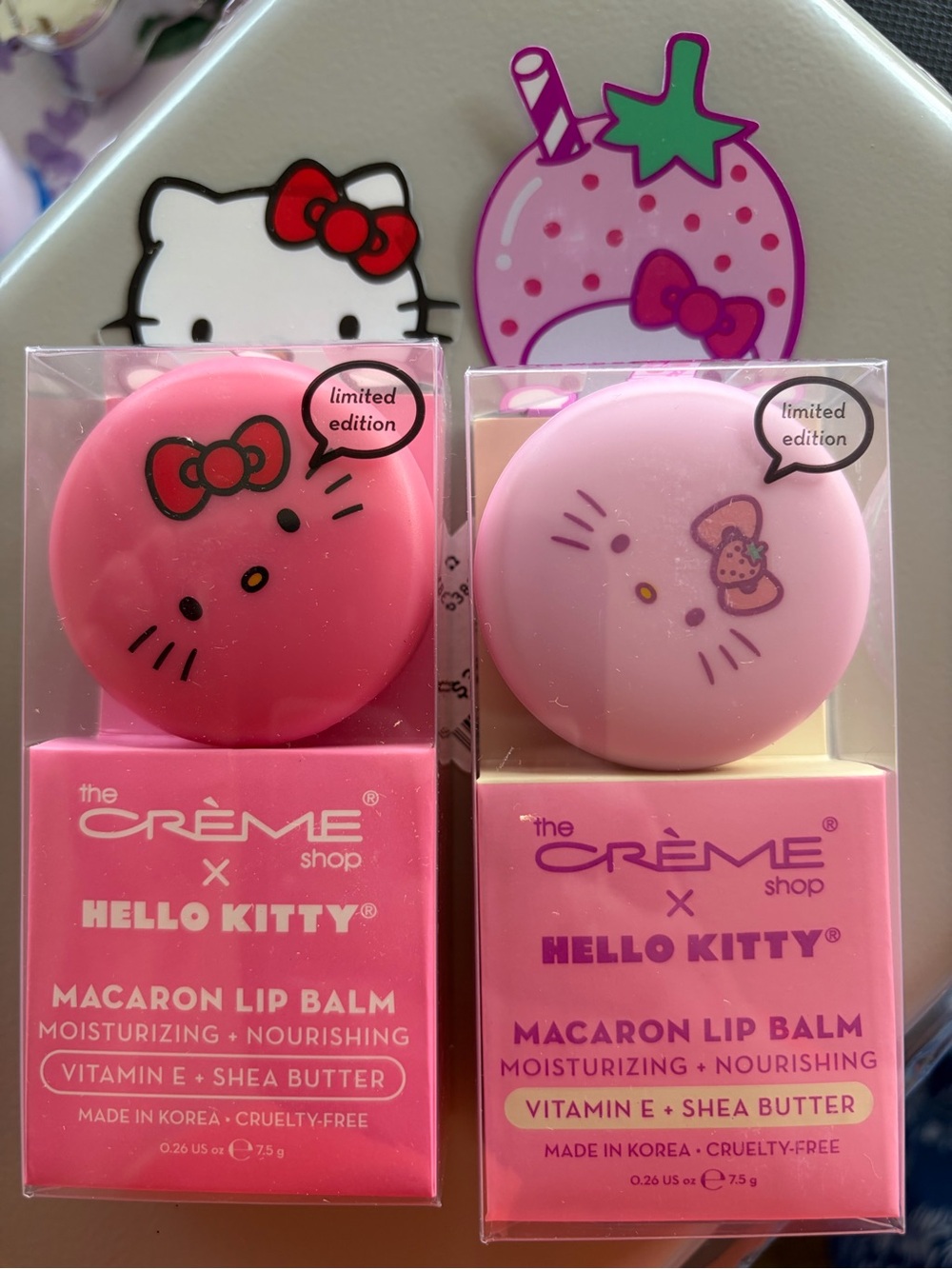 The Crème Shop /Hello Kitty Macaron Lip Balm Duo Hot Pink & Light Pink Set of 2